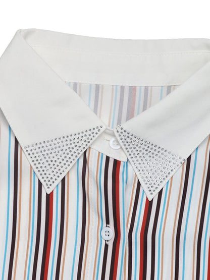 Perfee Striped Button-Up Long Sleeve Shirt with Collared Neck