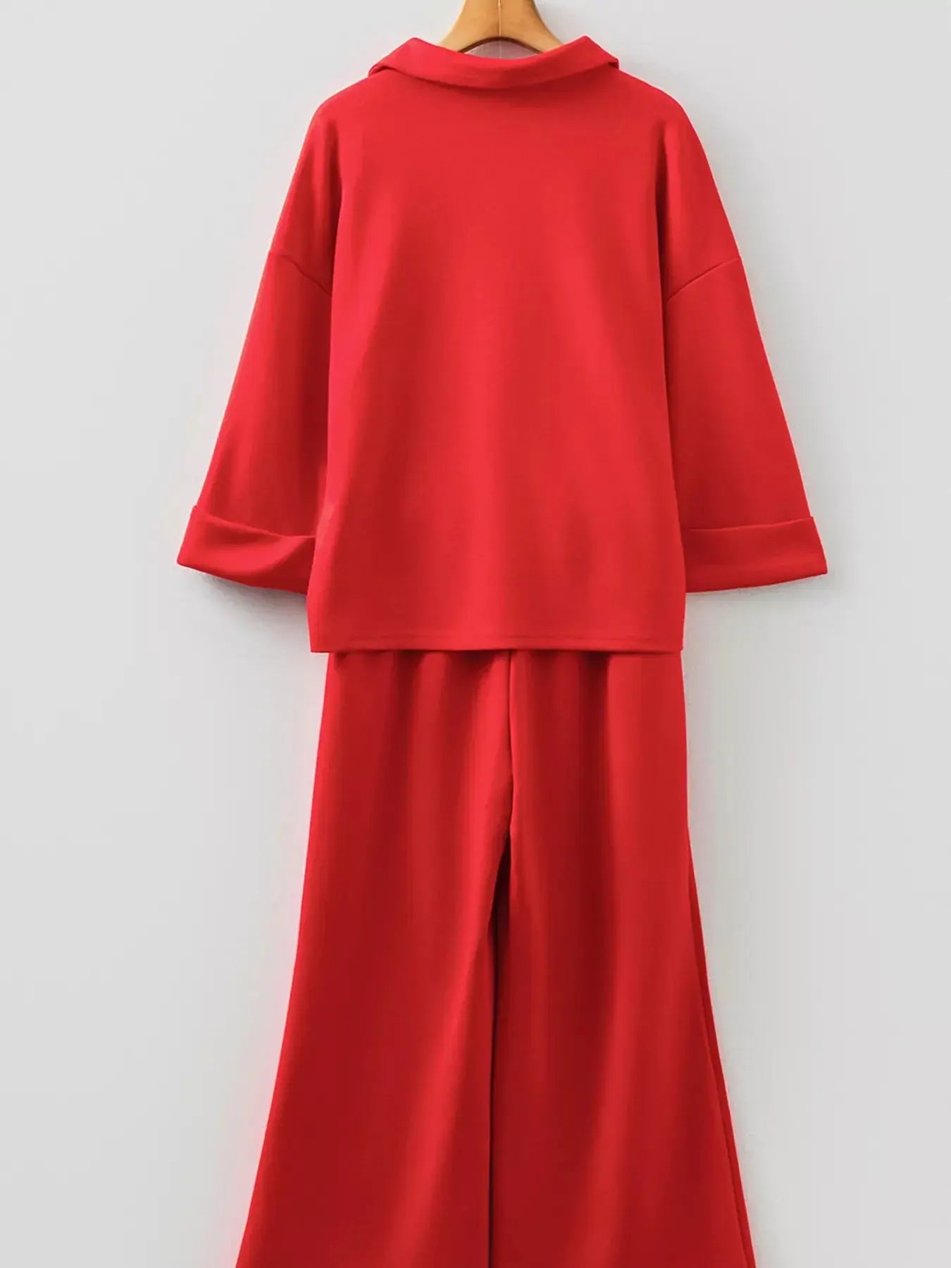 Polo Collar V Neck 3/4 Sleeve Pullover Drawstring Bell Bottom Pants 2pcs Set Simply Love