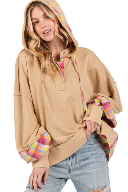 SAGE + FIG Full Size Plaid Print Washed Hoodie - Love Salve 