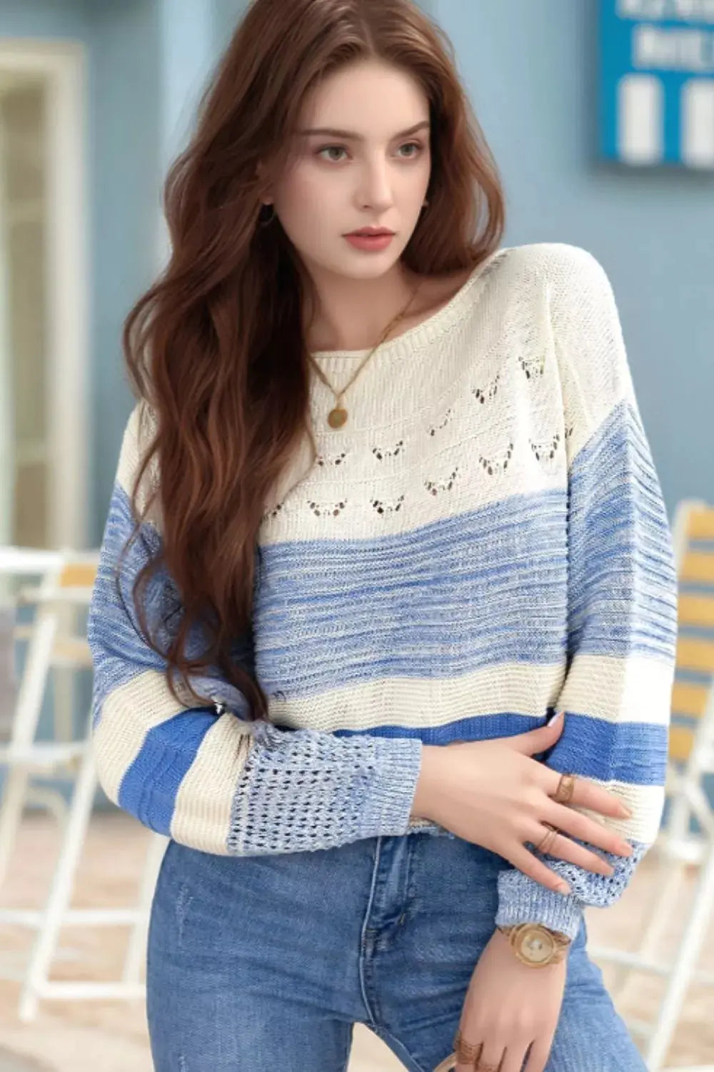 Openwork Striped Knit Long Sleeve Sweater Simply Love