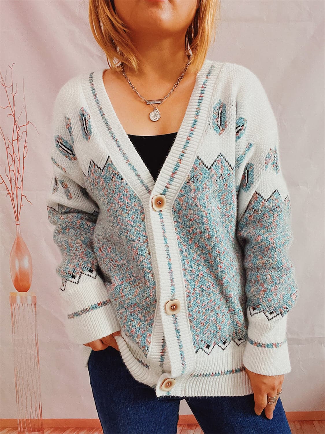 Geometric Button Front Long Sleeve Cardigan.