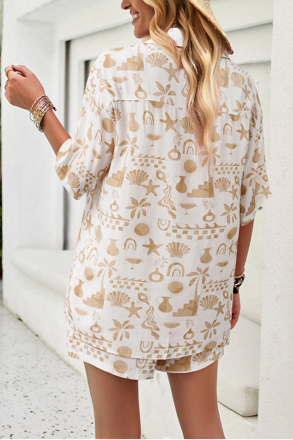 Printed Button Up Shirt and Shorts Set.