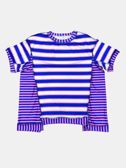 Full Size Contrast Stitching Striped Round Neck T-Shirt.