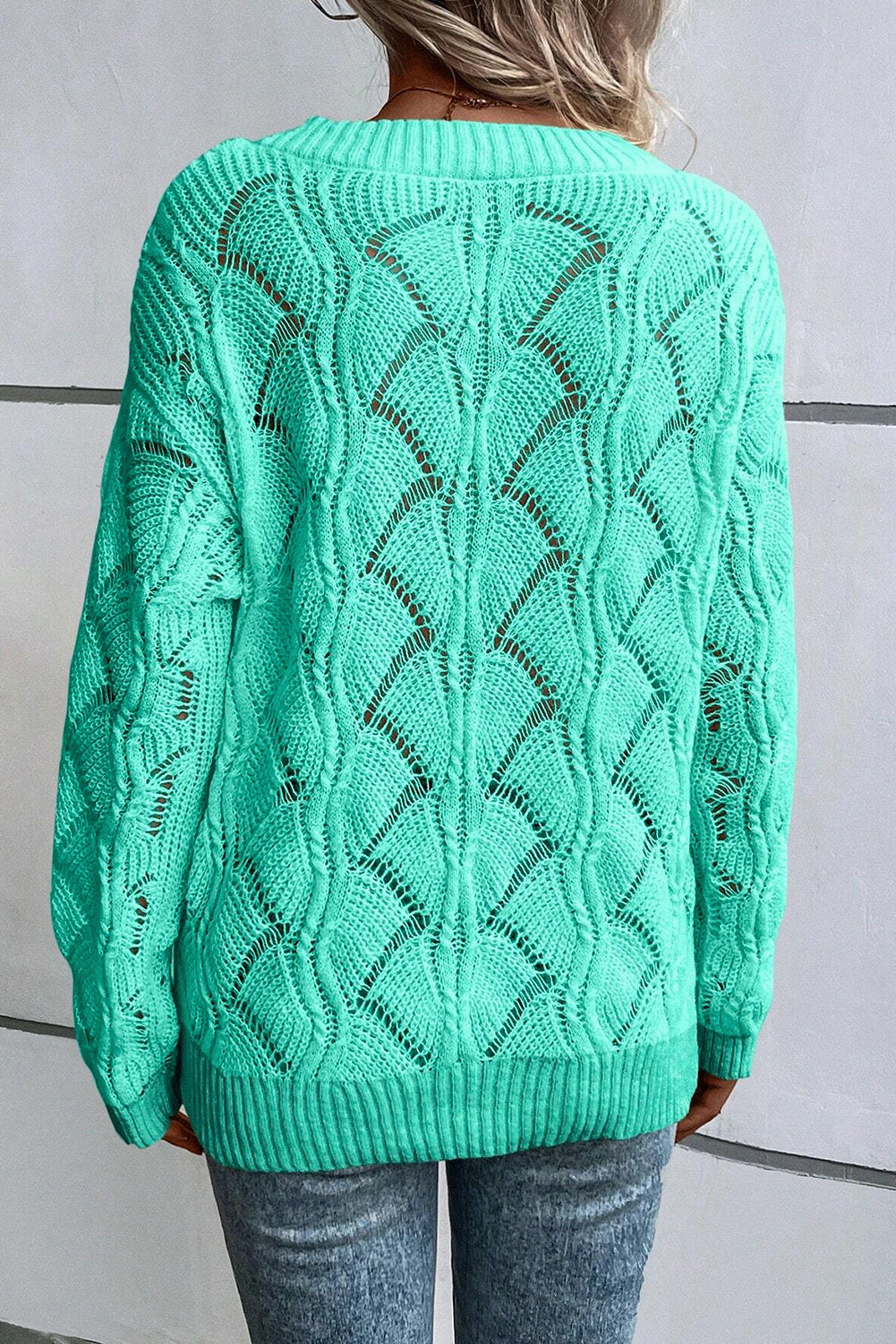 Chic mint green v-neck hollow-out knit sweater with drop shoulders