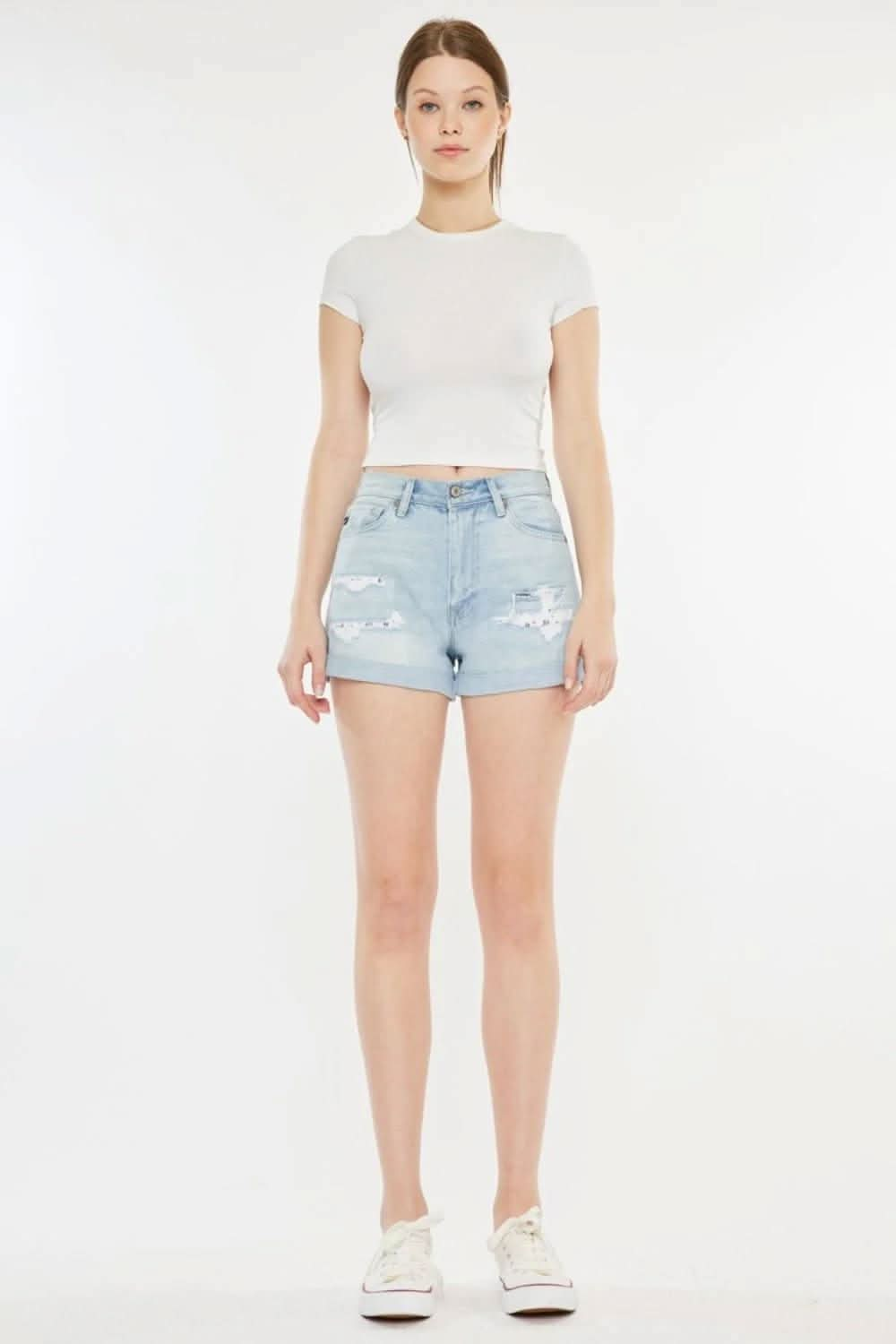 Vintage-inspired high rise repaired mom denim shorts