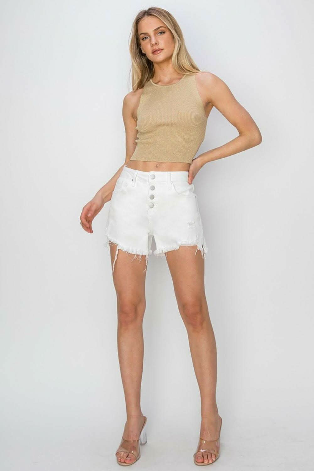 Frayed hem button fly denim shorts for a trendy summer look