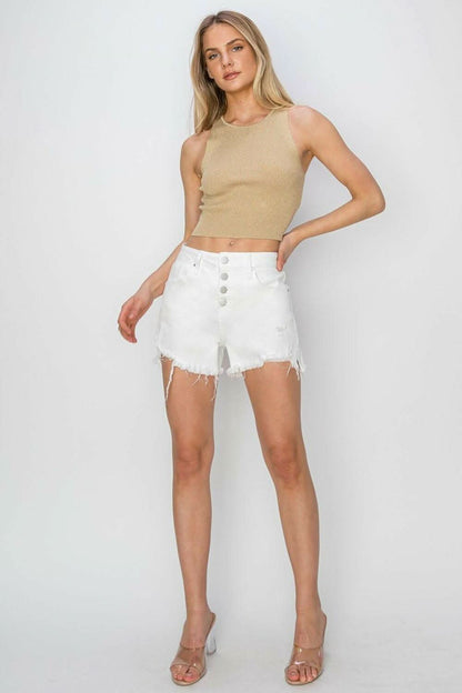 Frayed hem button fly denim shorts for a trendy summer look