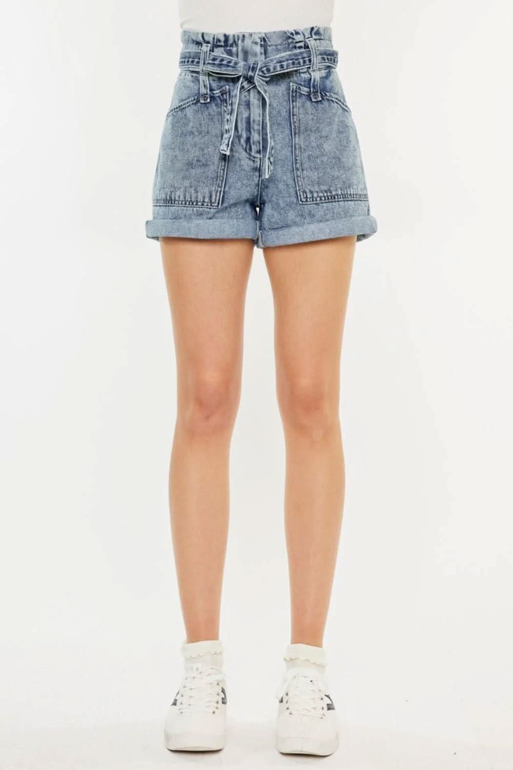 Chic paperbag denim shorts with ultra high rise design