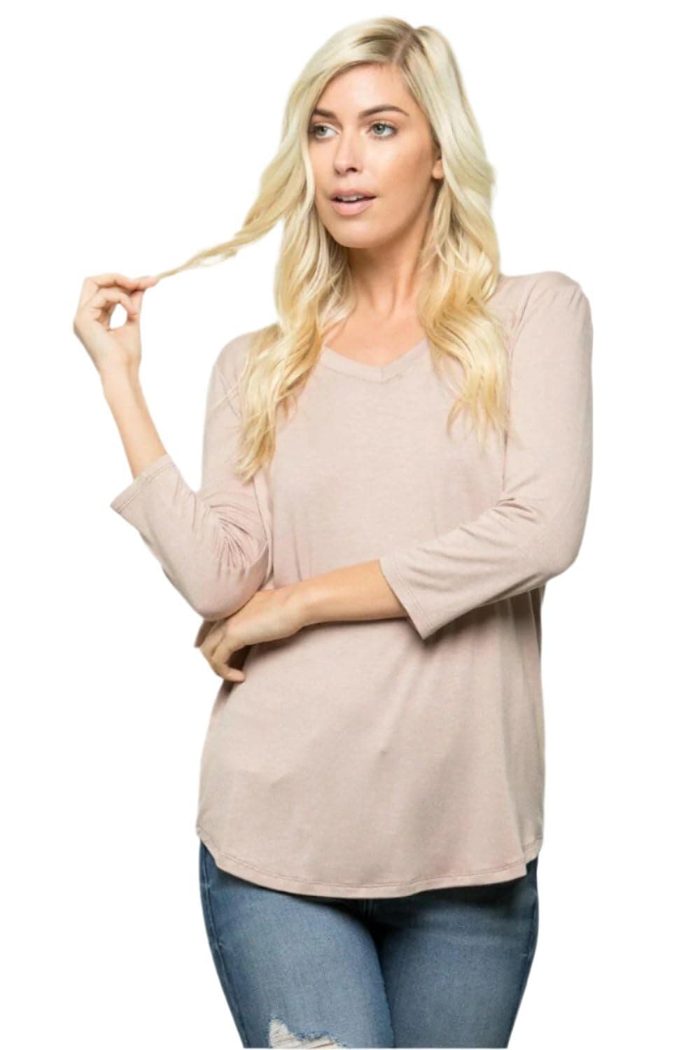 Celeste mocha three-quarter sleeve v-neck t-shirt for everyday elegance