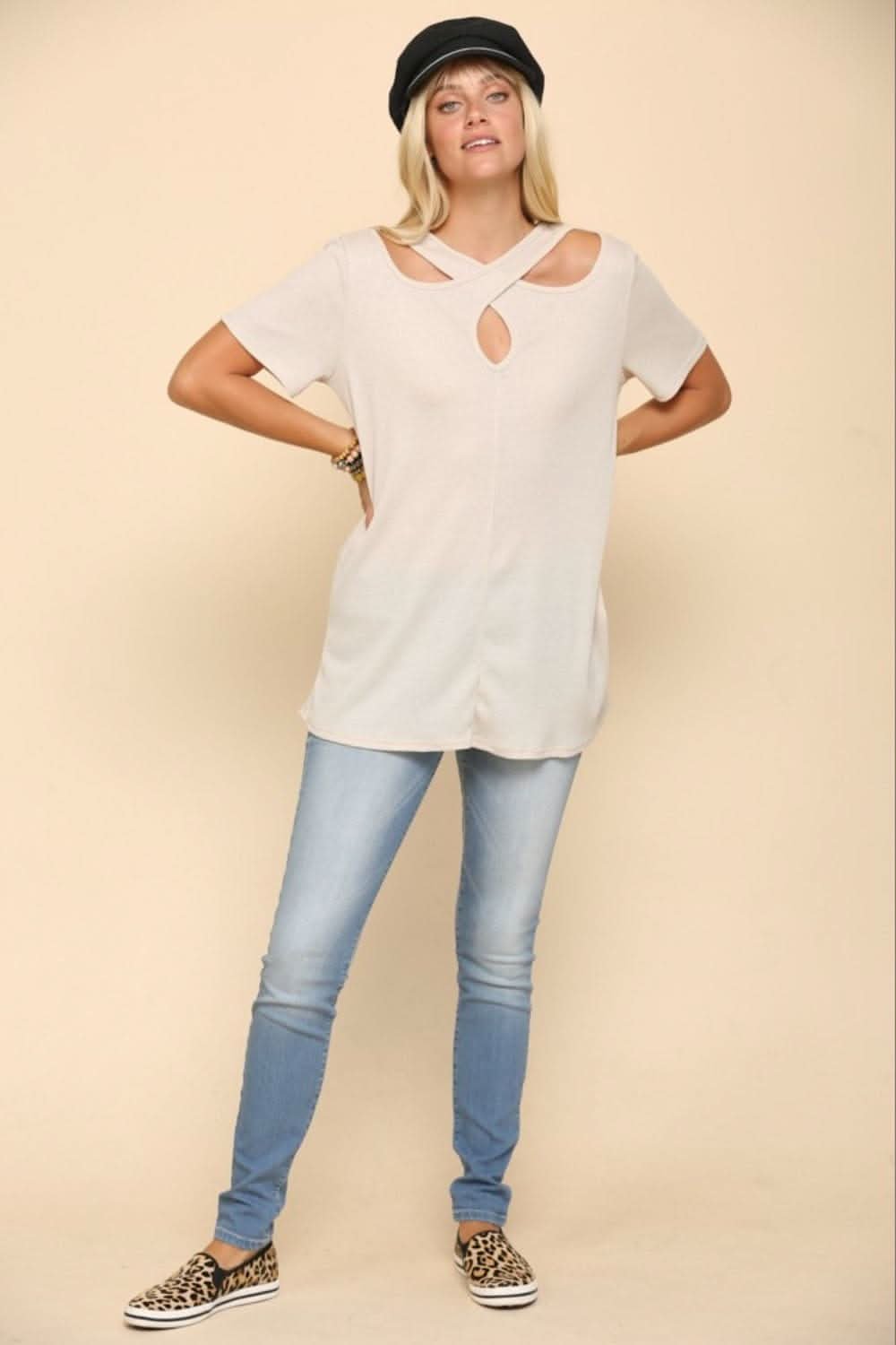 Love Salve Celeste Full Size Crisscross Cutout Short Sleeve T-Shirt Beige / 1XL