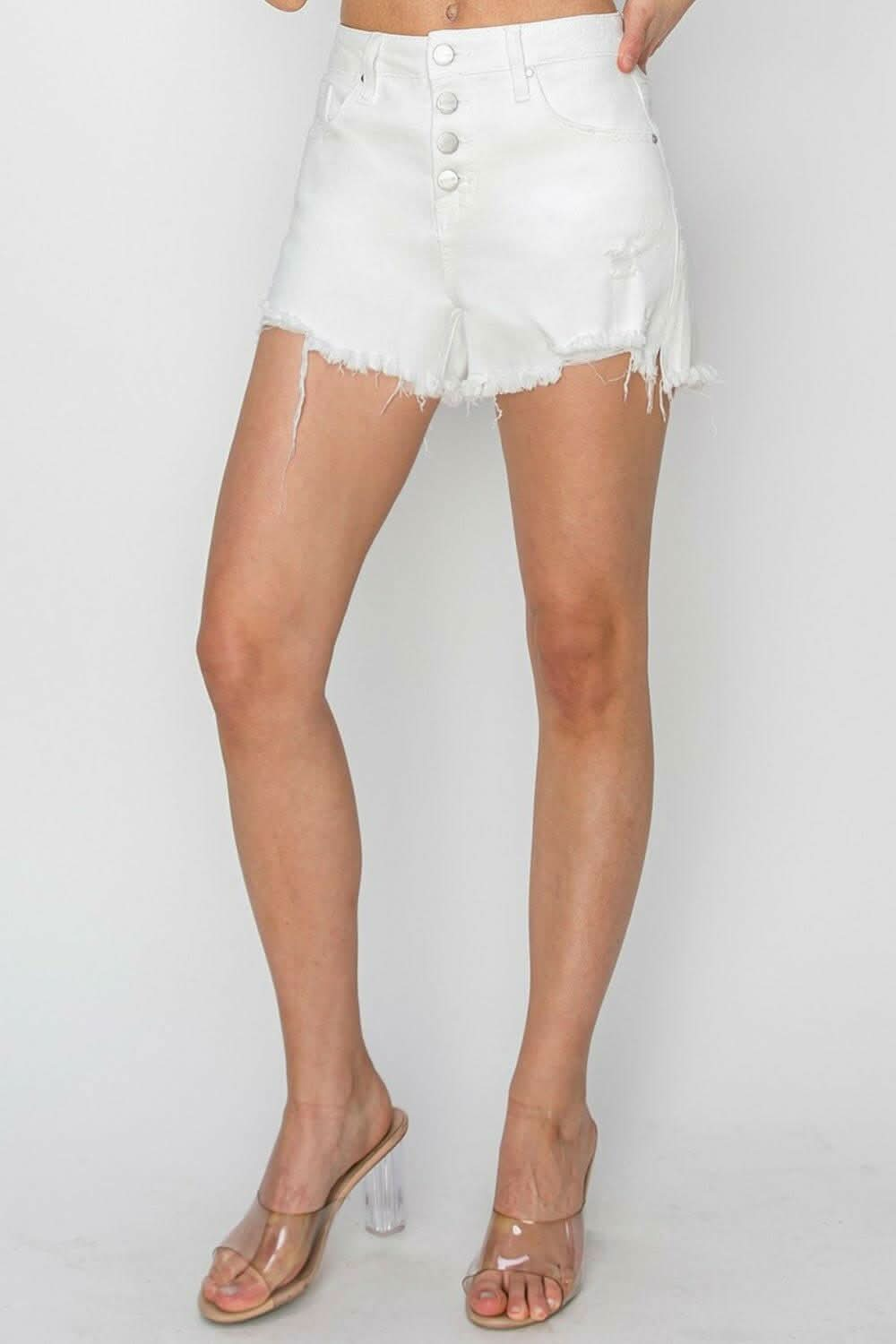 Frayed hem button fly denim shorts for a trendy summer look