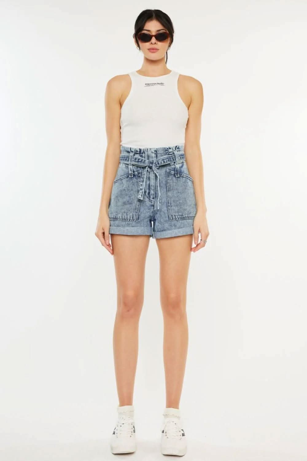 Chic paperbag denim shorts with ultra high rise design