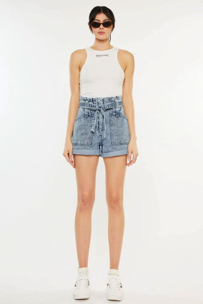 Chic paperbag denim shorts with ultra high rise design