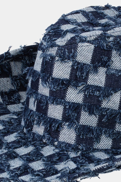 Fame Checkered Fringe Denim Cowboy Hat.