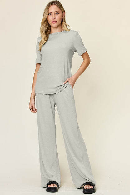 Double Take Full Size Round Neck Short Sleeve T-Shirt and Wide Leg Pants Set.