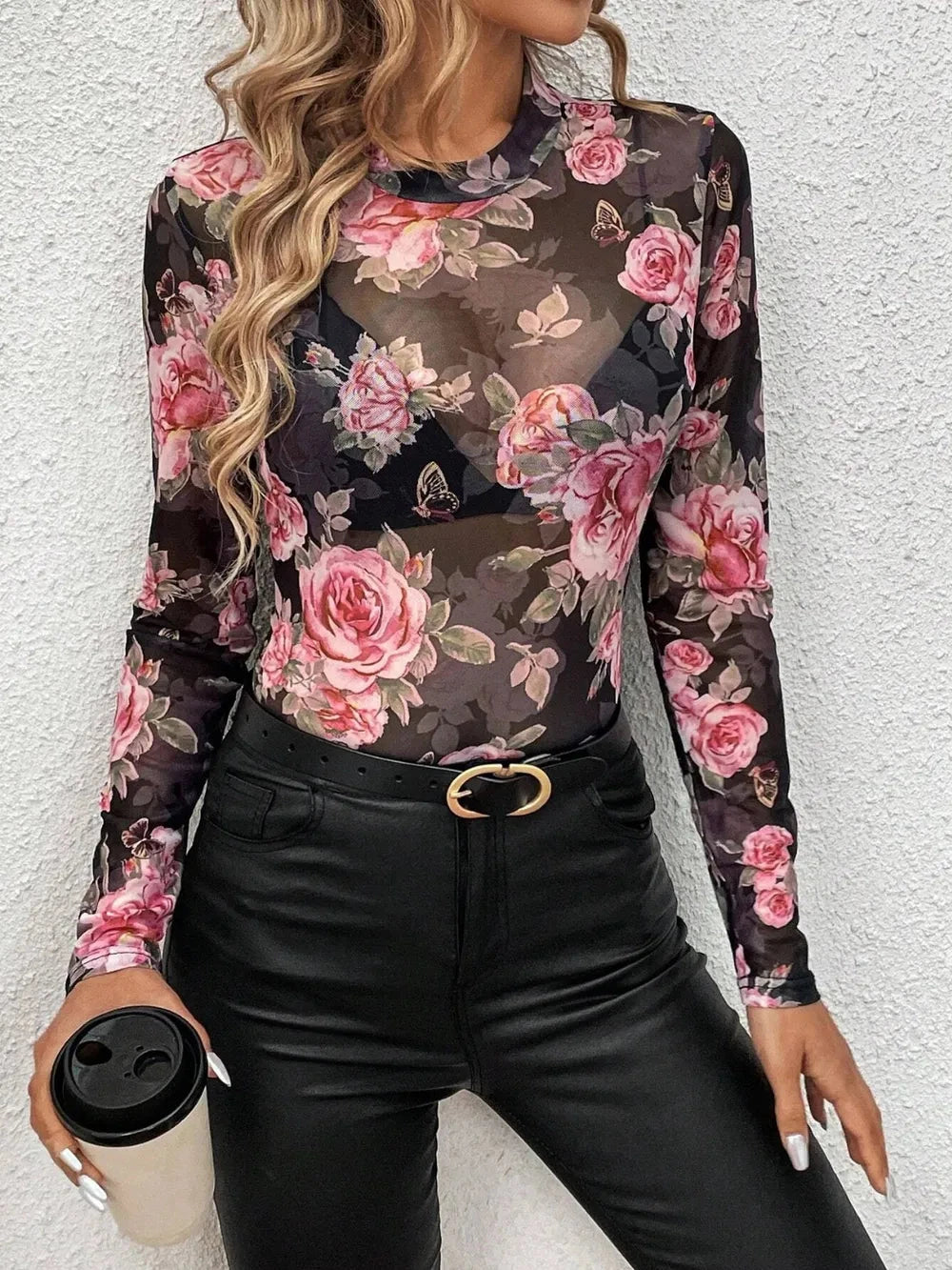 Mesh Floral Mock Neck Long Sleeve Top Coco’s Tee Boutique