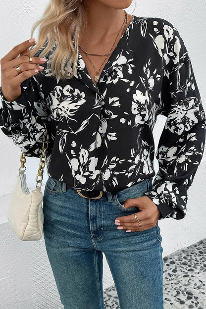 Floral Collared Neck Long Sleeve Top.