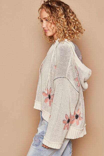 Floral hooded high-low sweater with stylish slit detail