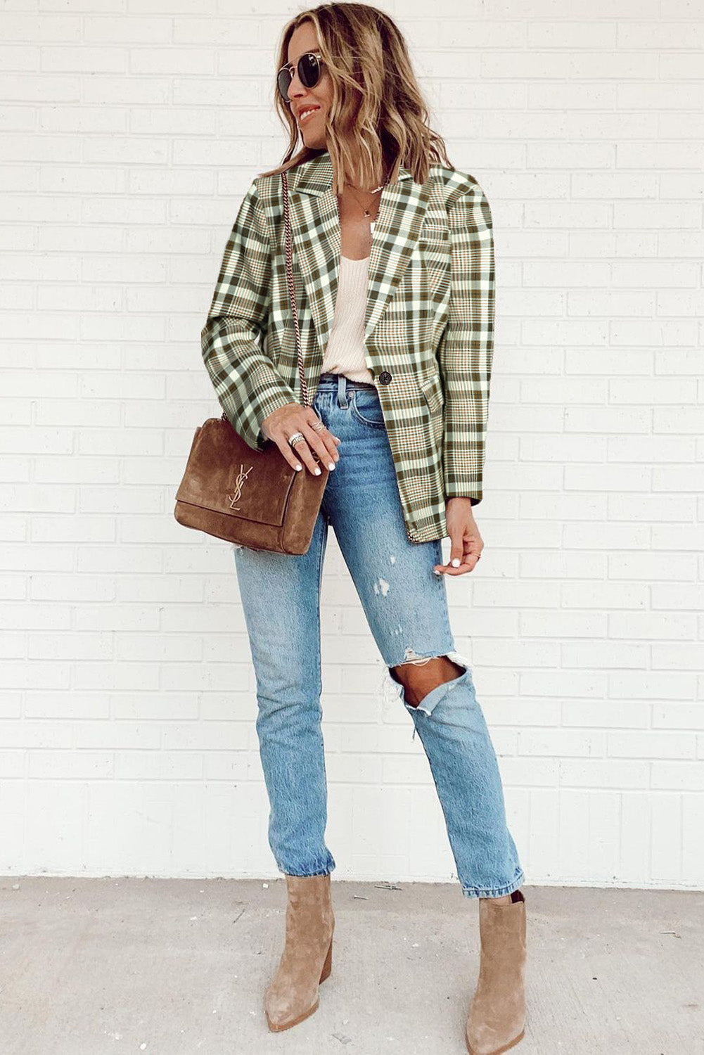 Chic khaki plaid lapel blazer with button closure