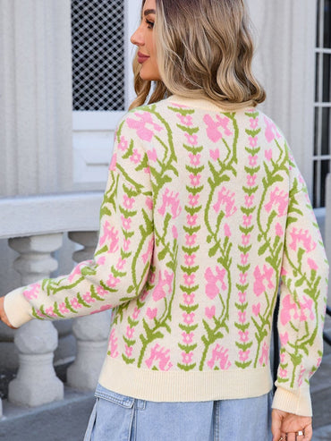 Floral print long sleeve sweater with round neck