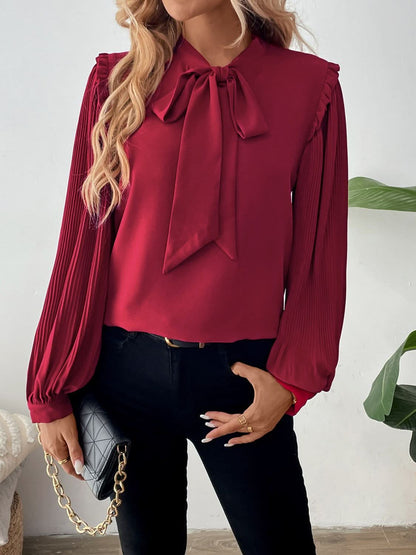 Frilled Tie Neck Long Sleeve Blouse by Perfee