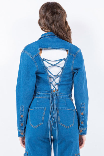 Laced back cropped denim jacket