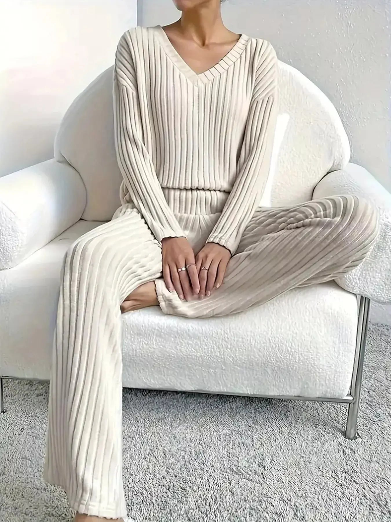 Ribbed Knit V-Neck Top and Pants Set Simply Love