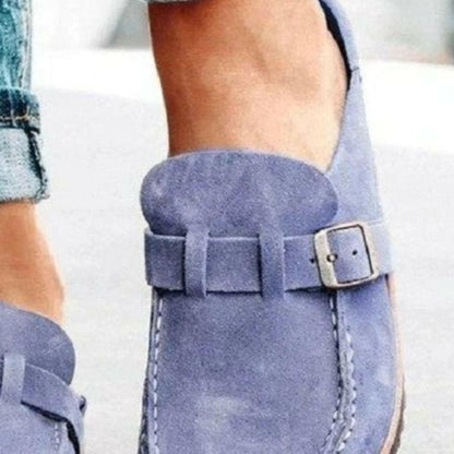 Round Toe Low Heel Buckle Loafers.