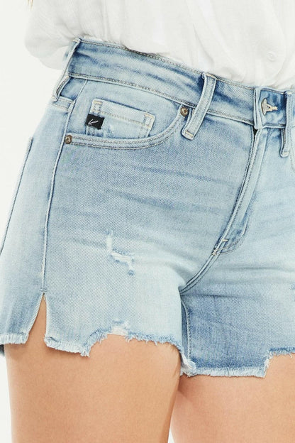 Kancan High Rise Side Slit Denim Shorts.