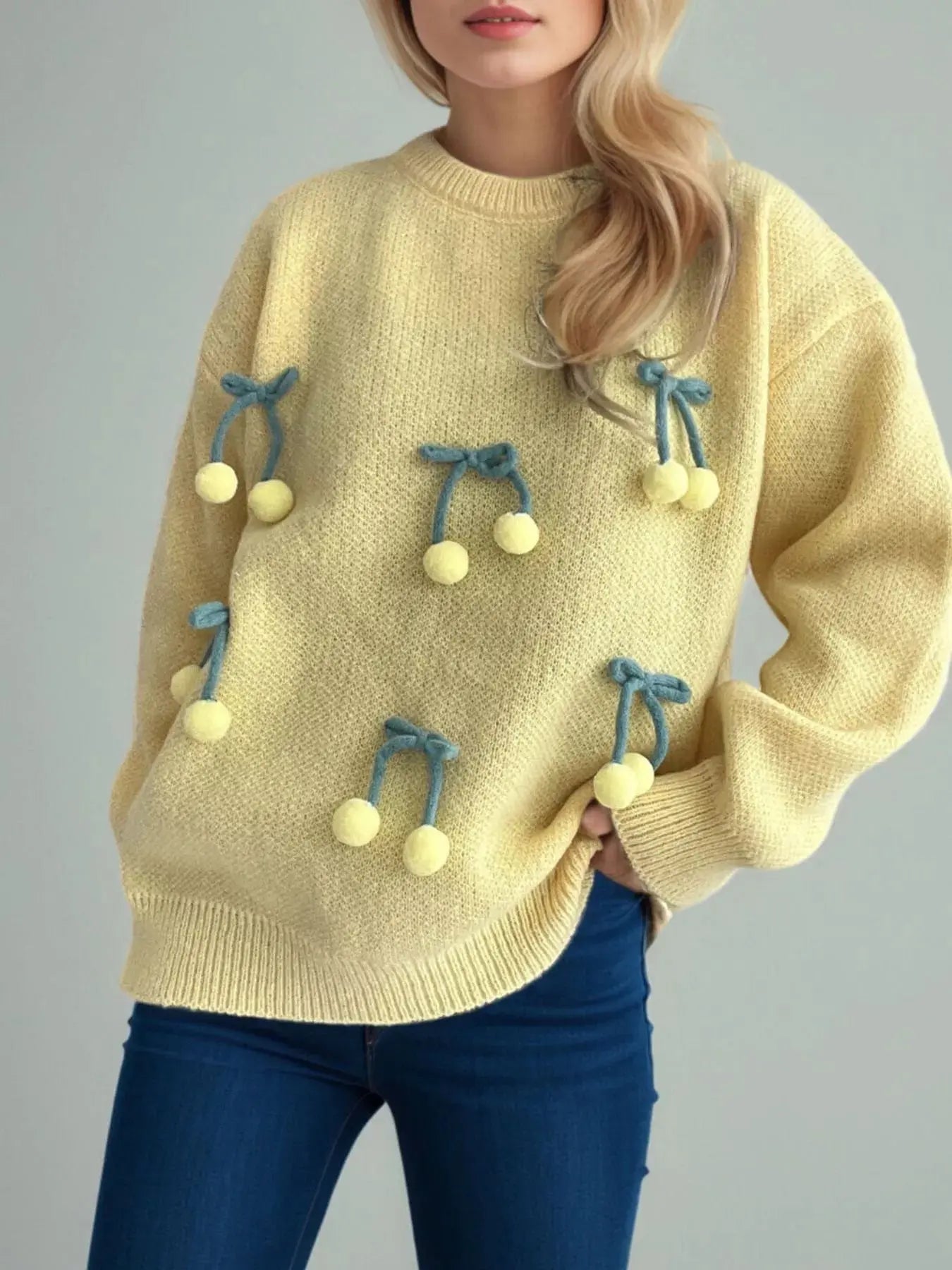 Cherry Pom-Pom Knit Round Neck Sweater Simply Love
