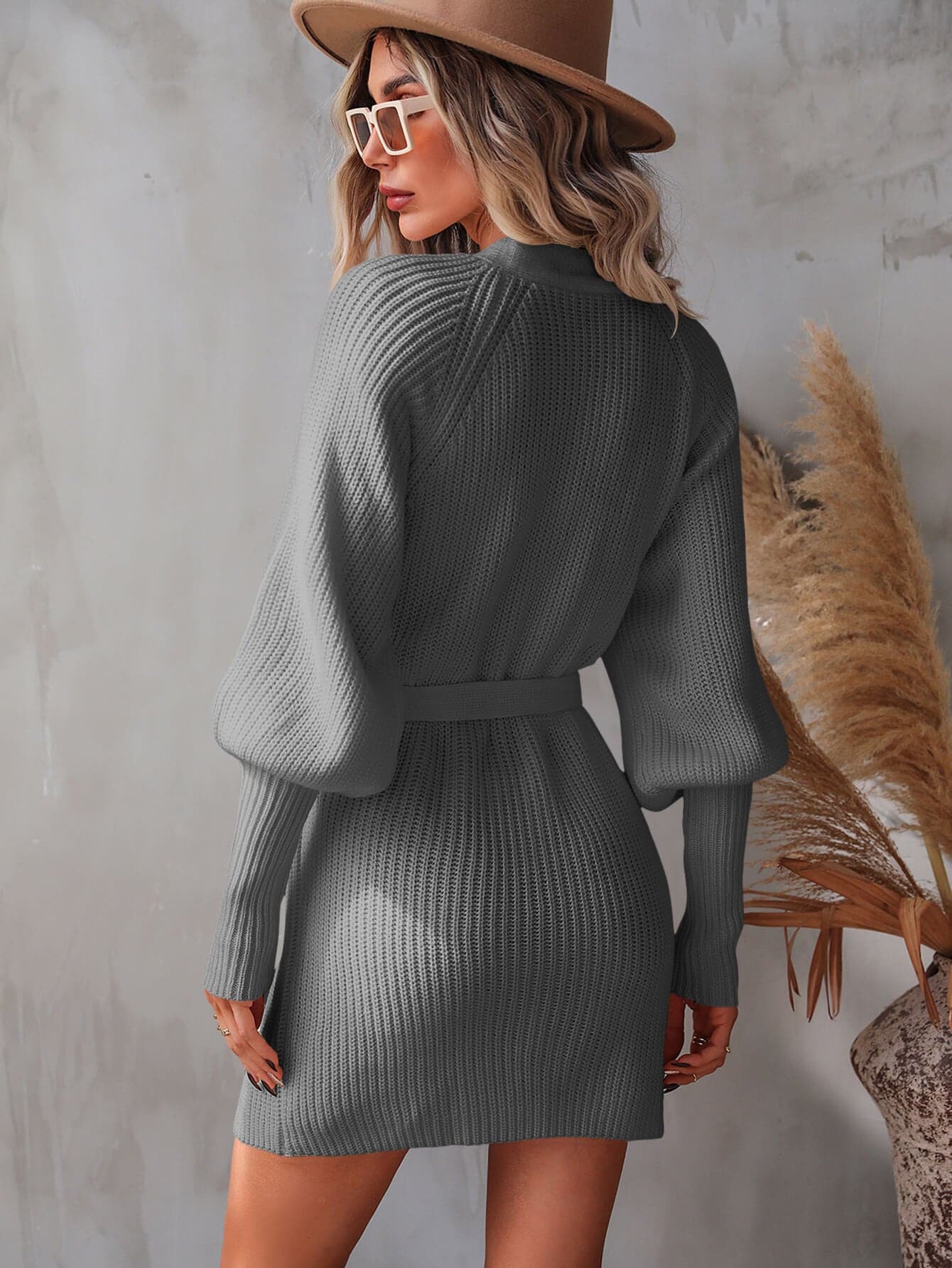 Belted Surplice Lantern Sleeve Wrap Sweater Dress.