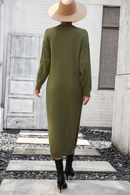 Decorative Button Notched Dropped Shoulder Sweater Dress.