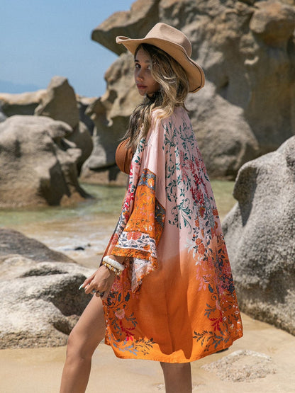 Printed Open Front Long Sleeve Cover-Up.