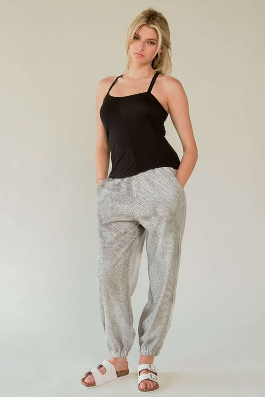 Rhinestone-Embellished Elastic Waist Joggers by Davi & Dani