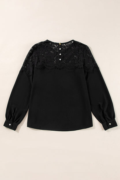 Elegant black lace crochet long sleeve top with O neck design