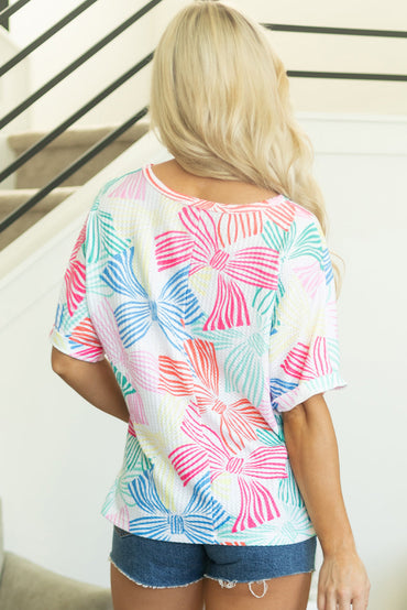 Kaeli Bowknot Waffle Crewneck Loose Short Sleeve Top - Love Salve 