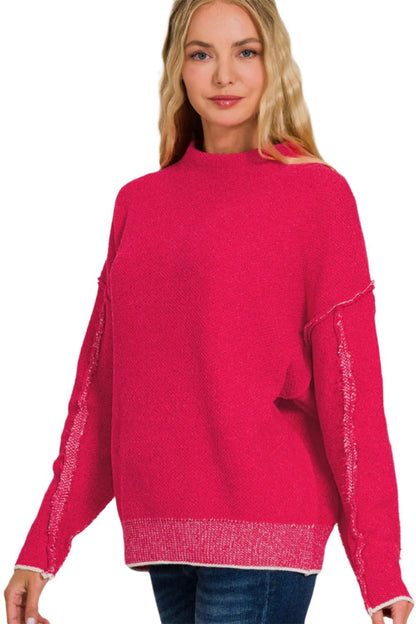 Zenana Exposed Seam Mock Neck Long Sleeve Sweater.