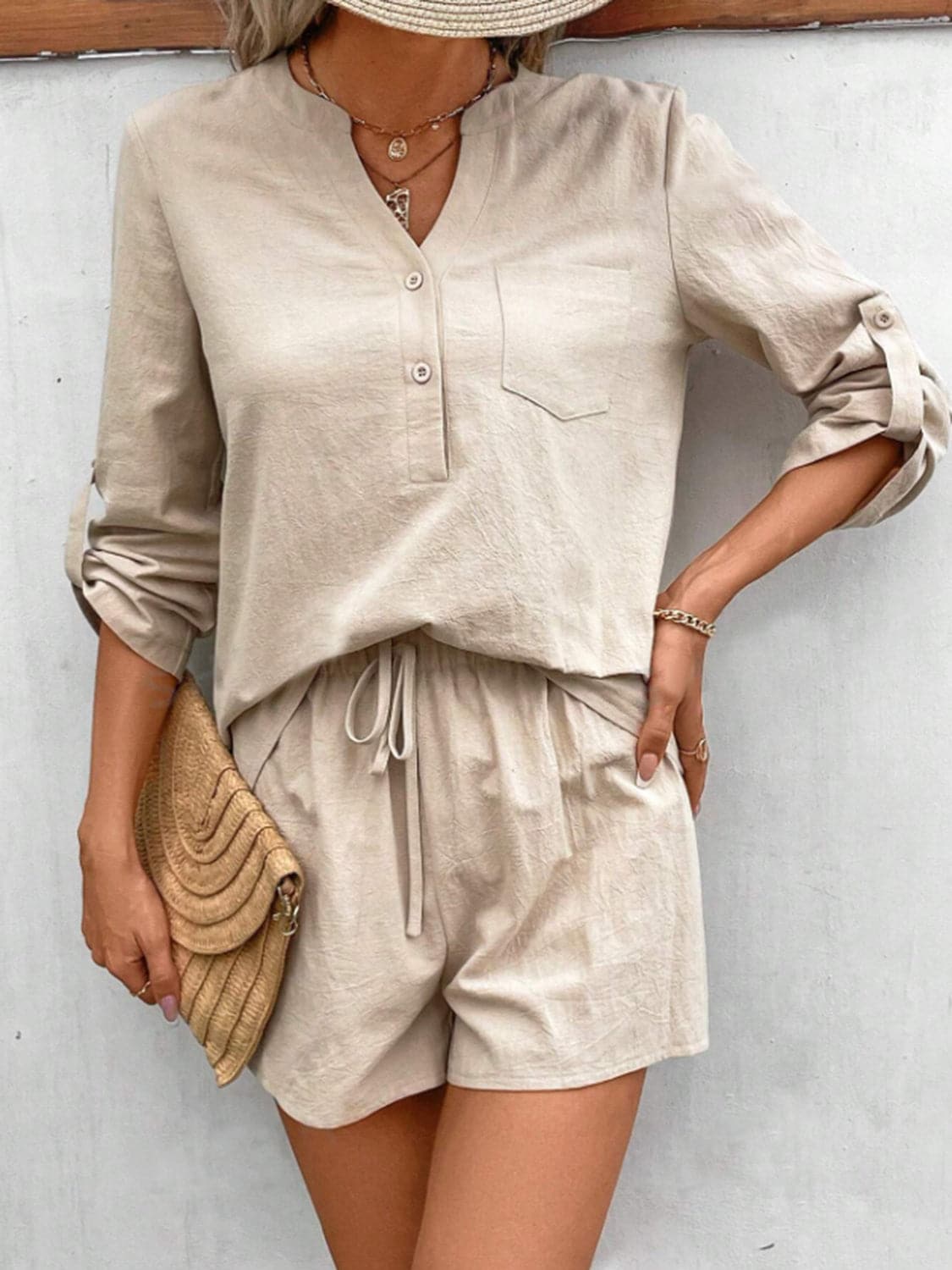 Notched Long Sleeve Top and Shorts Set.