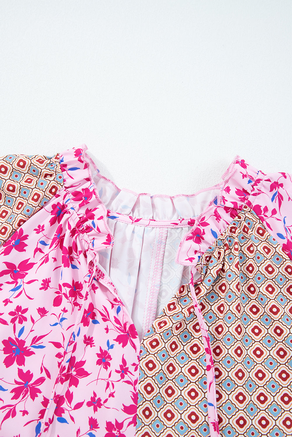 Premium Pink Boho Mixed Floral Drop Shoulder Bubble Sleeve Blouse