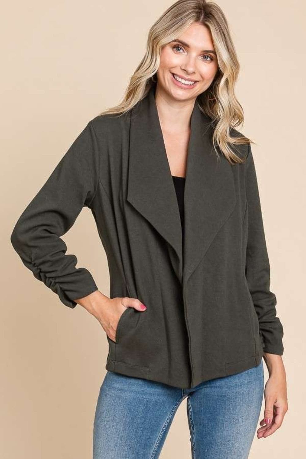 Culture Code Full Size Ruched Open Front Long Sleeve Jacket.