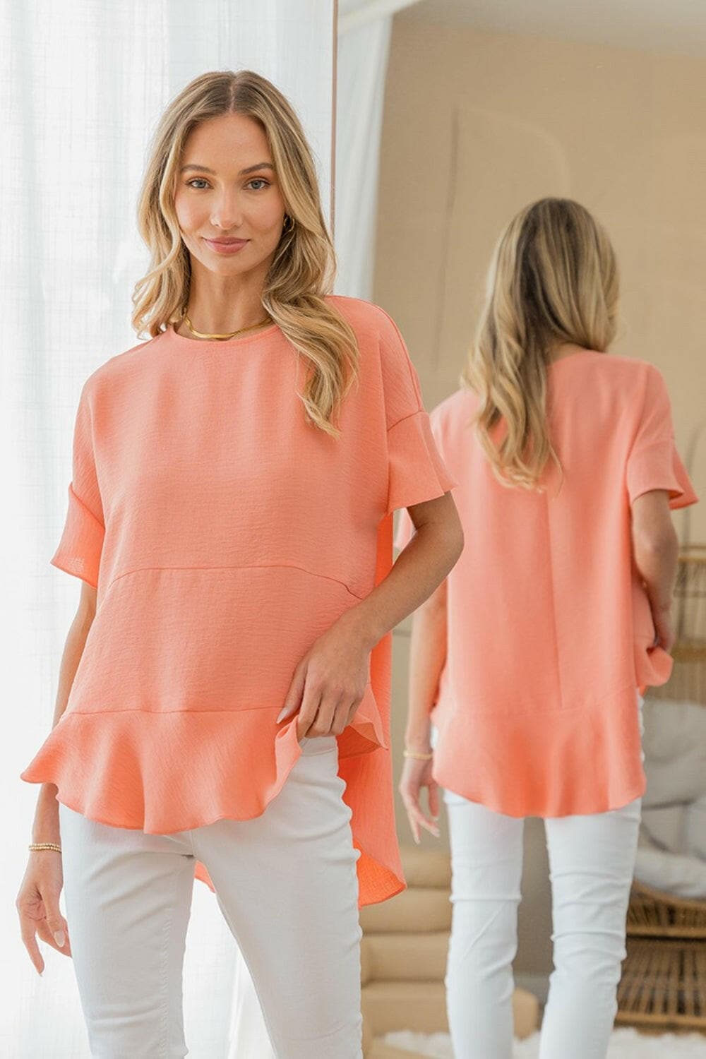 Sew In Love Round Neck Ruffled TopExperience Charm and Versatility
 Elevate your wardrobe with the Sew In Love Round Neck Ruffled Top, a stylish addition that combines elegance and adaptability. WithLove Salve Love Round Neck Ruffled Topjust arrived