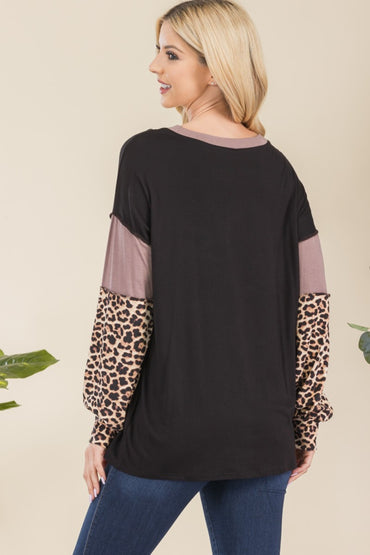 Celeste Plus Size Leopard Print Color Block T-Shirt with Exposed Seams