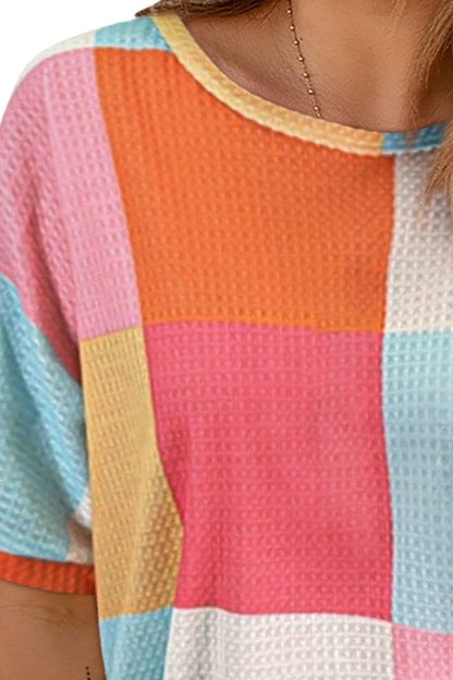 Color Block Round Neck Half Sleeve Top.