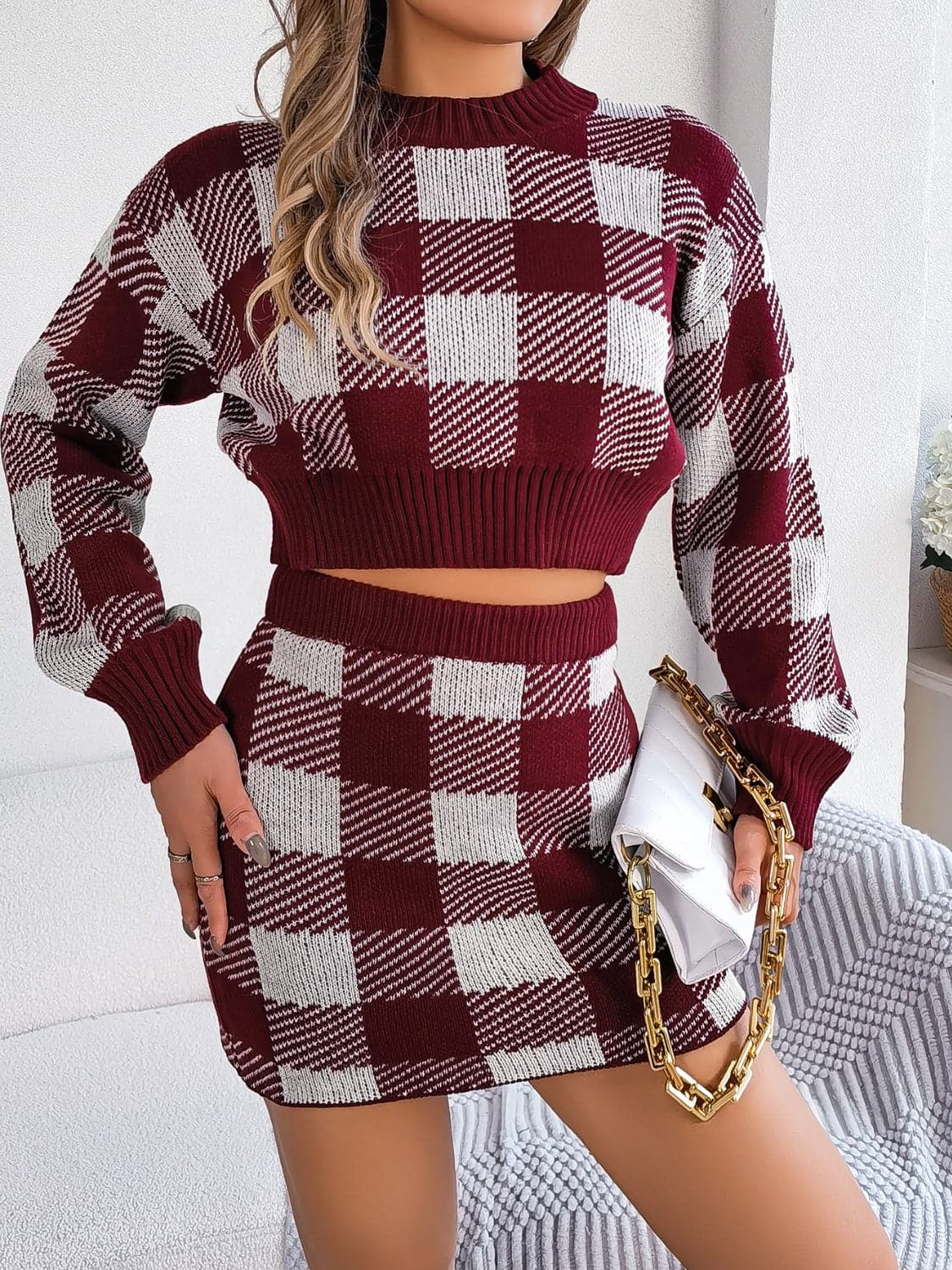 Plaid Round Neck Top and Skirt Sweater Set.