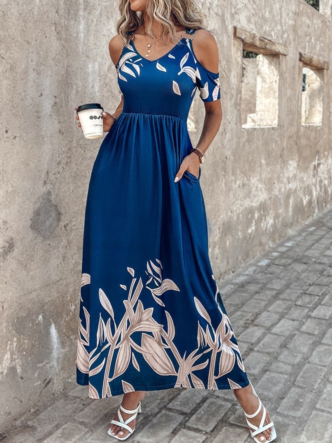 Printed Cold Shoulder Short Sleeve Maxi Dress.