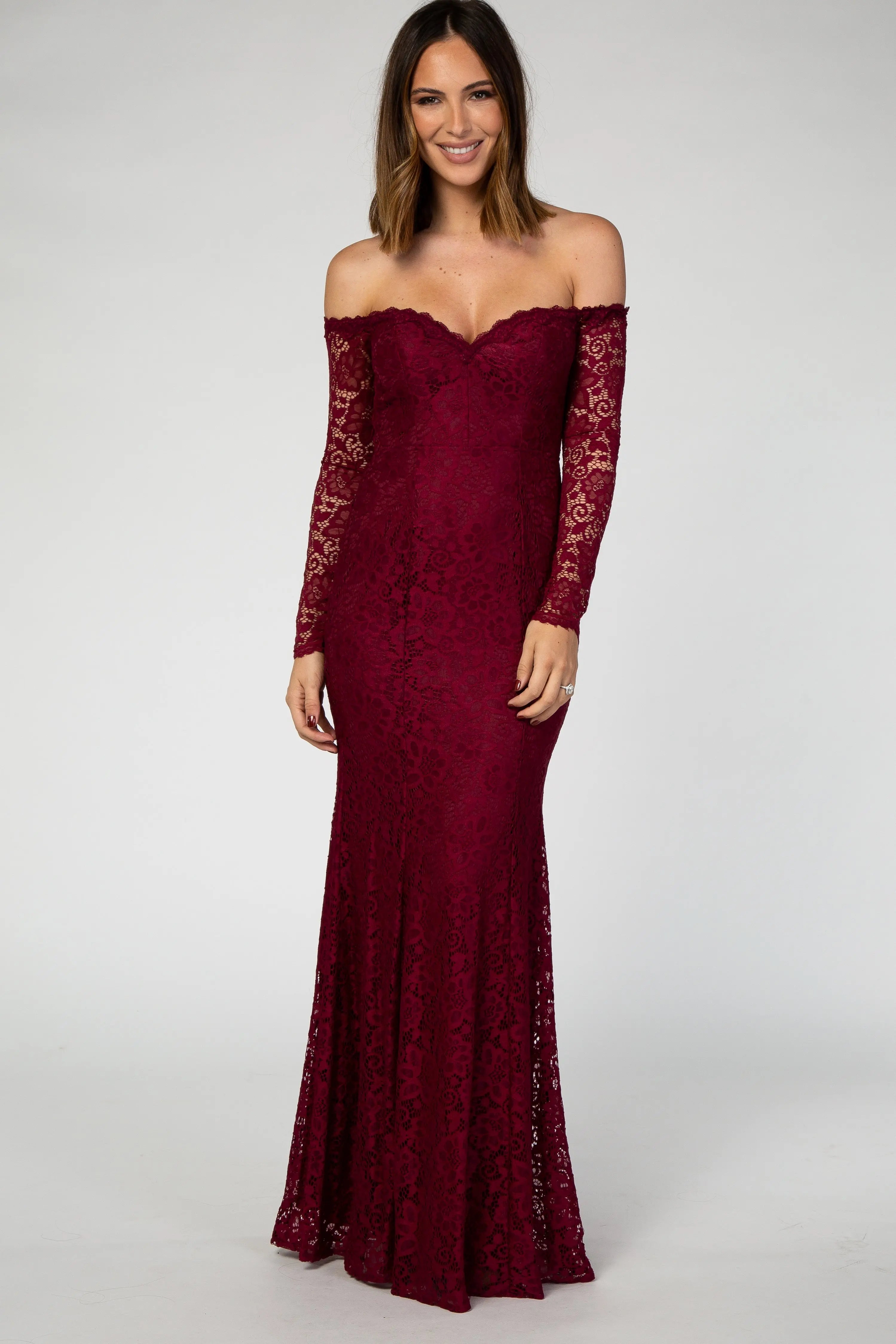 PinkBlush Burgundy Lace Off Shoulder Maxi Dress With Long Sleeves PinkBlush