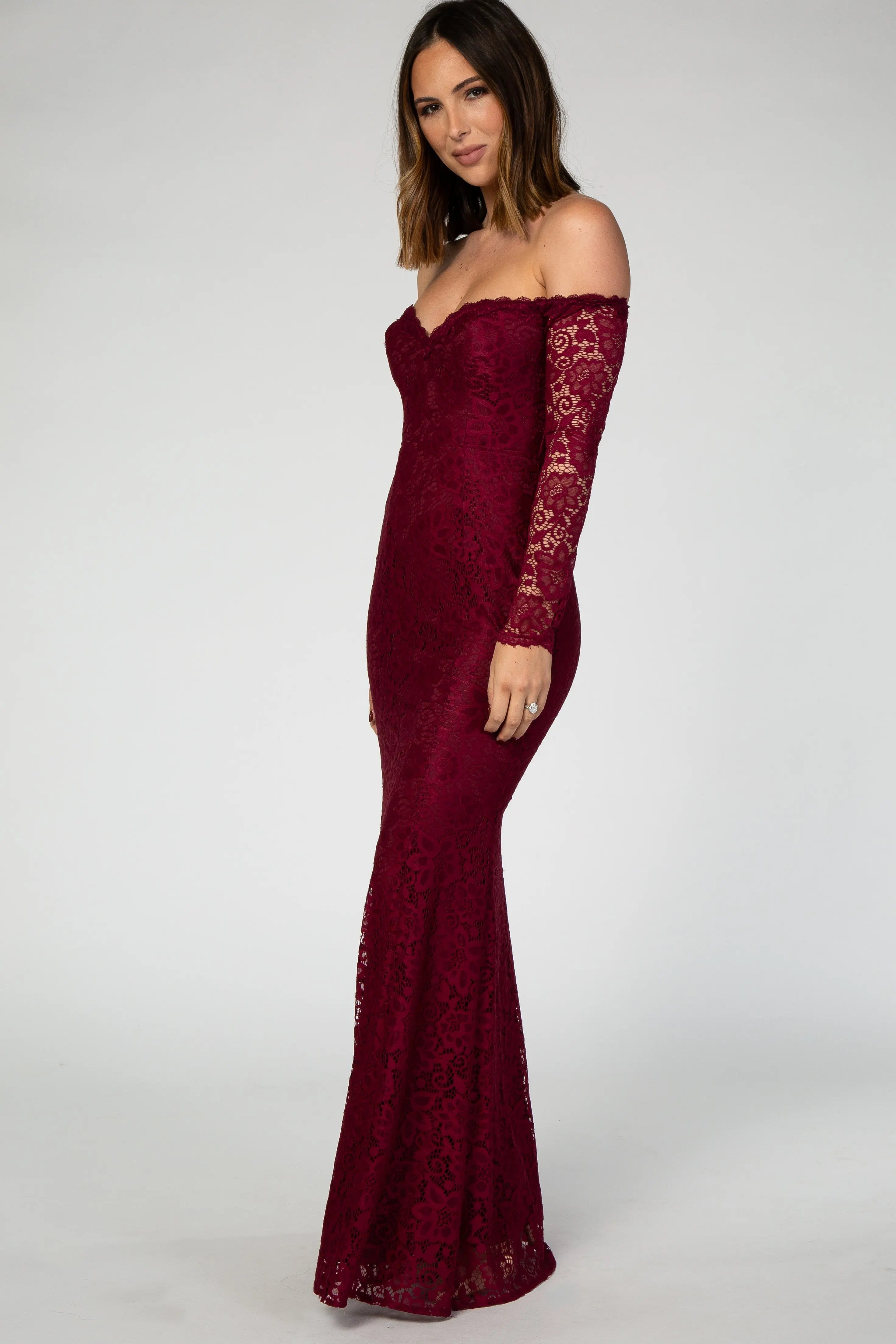 PinkBlush Burgundy Lace Off Shoulder Maxi Dress With Long Sleeves PinkBlush