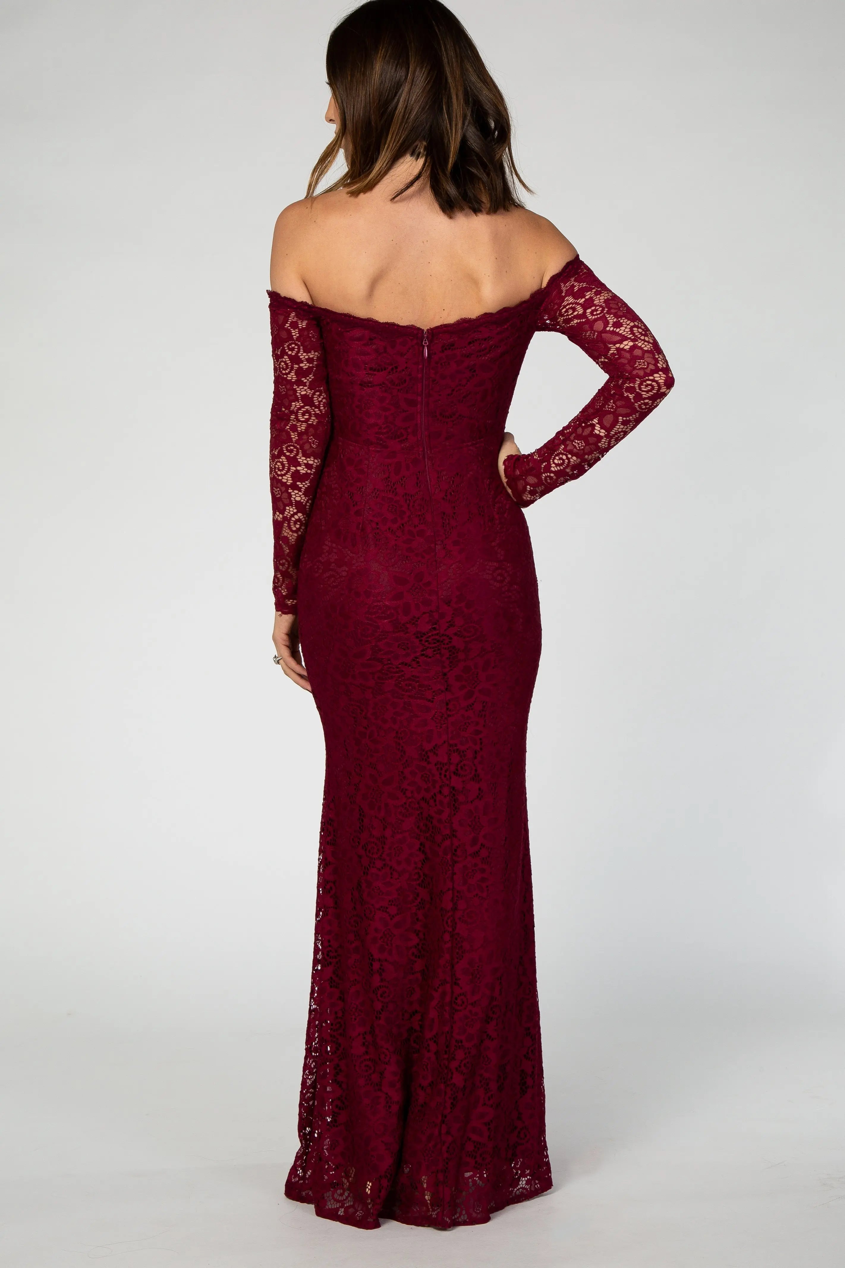 PinkBlush Burgundy Lace Off Shoulder Maxi Dress With Long Sleeves PinkBlush
