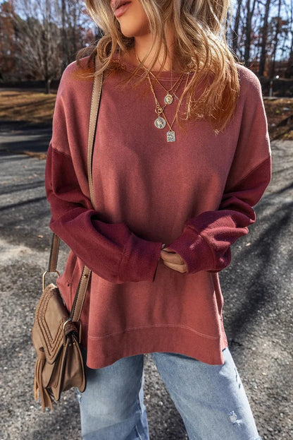 Color-blocked round neck long sleeve sweatshirt