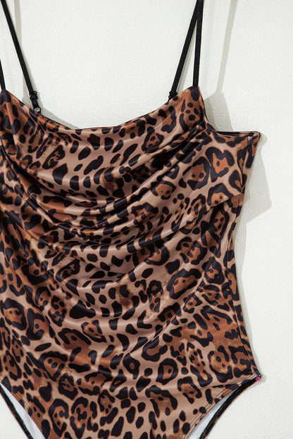 Brown Spaghetti Straps Ruched Leopard Bodysuit for Women